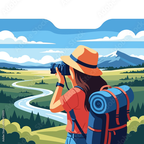 Woman hiker with backpack taking photos of scenic landscape with winding river and mountains