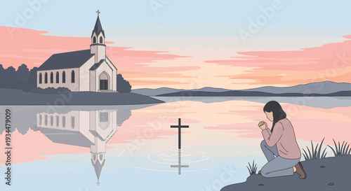 Woman praying by a lake with a cross and church reflection.