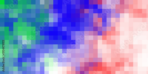Vibrant abstract mosaic background with green blue and red pixelated gradient transitions and soft color blending for digital art and design projects Keywords: abstract, mosaic, pixelated