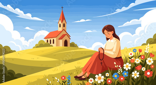 Woman Praying with Rosary in a Field of Flowers.