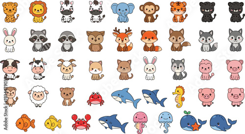 Cute Cartoon Animals: Lions, Tigers, Bears, Fish, and More in Fun Kawaii Style for Kids and Educational Projects