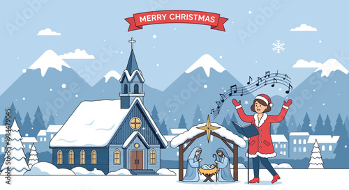 Woman singing Christmas carols in snowy village.