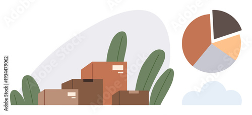E-commerce, shipping, logistics, data analysis, supply chain, business growth. Stacked cardboard boxes surrounded by plants and a pie chart. E-commerce and shipping conceptual idea
