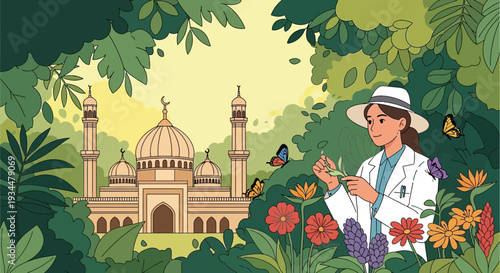 Woman scientist studying butterflies in a lush garden.