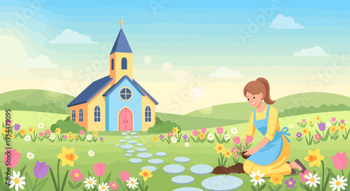 Woman tending to flowers in a garden near a church.