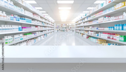 Empty white table top with blurred pharmacy store shelves background for product display.