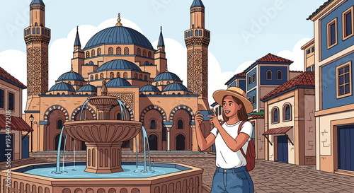 Young woman tourist taking photo with smartphone.