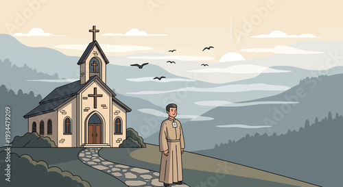 A solitary monk stands in front of a church.