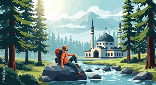 Adventurous hiker rests by stream near mosque.