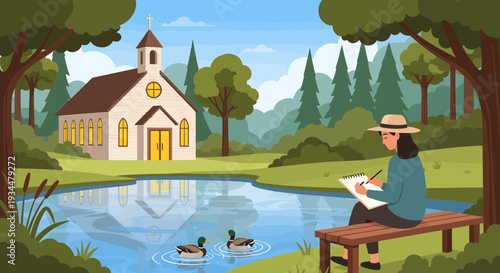 Artist painting by tranquil lake with ducks.