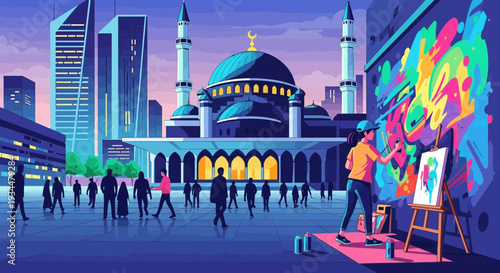 Artist painting vibrant graffiti on a wall in a city square.