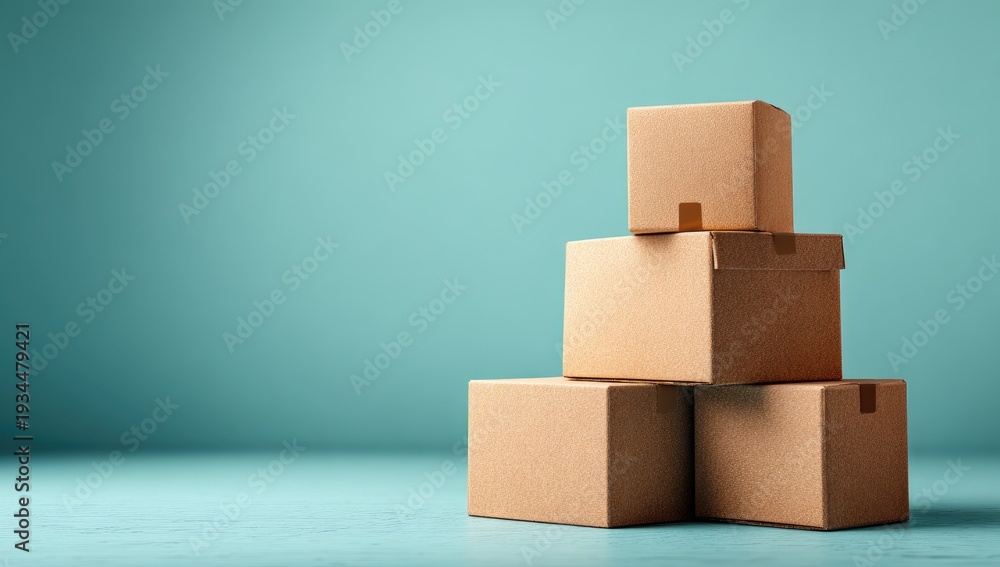 Obraz premium Stack of Cardboard Boxes on a Teal Background.