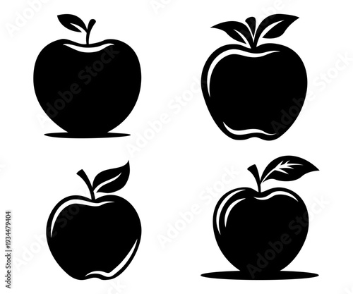Set of apple black silhouette, fruit hand drawn contour isolated on white background
