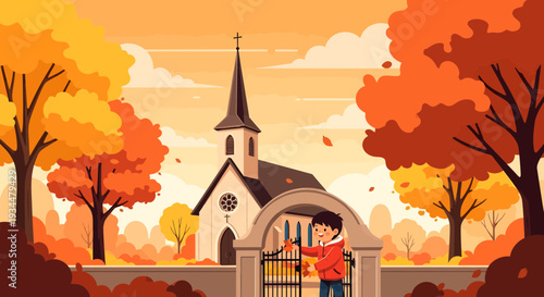 Boy Holding Book Outside Church Entrance Autumn Season.