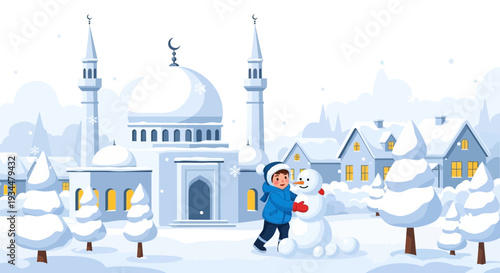 Boy happily building a snowman in winter scene.
