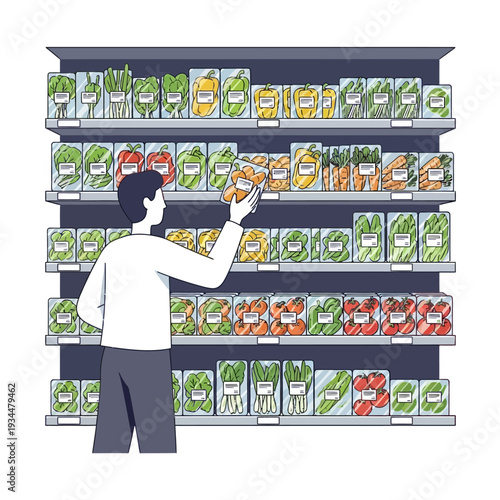 Man choosing fresh vegetables from a supermarket shelf, healthy food shopping concept