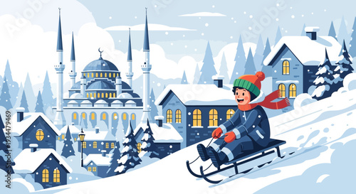 Child enjoying a thrilling sled ride down a snowy hill.