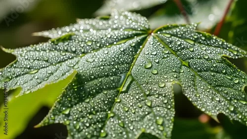 Close-up of a green maple leaf covered in sparkling morning dew drops.