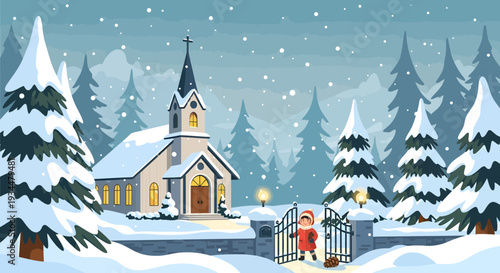 Child in winter coat standing at church gate.