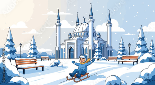 Child joyfully sledding down snowy hill.