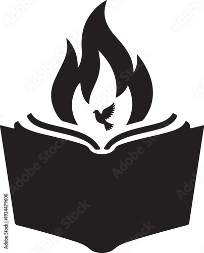 Black open book with flame and dove icon fire