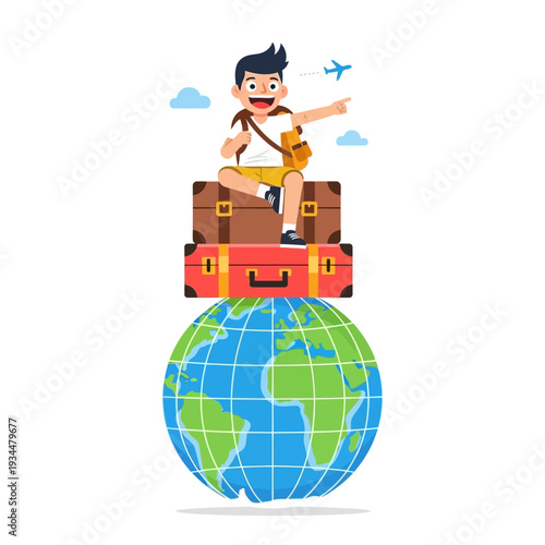 Young Traveler Sitting on Suitcases on Globe, Pointing Towards Airplane