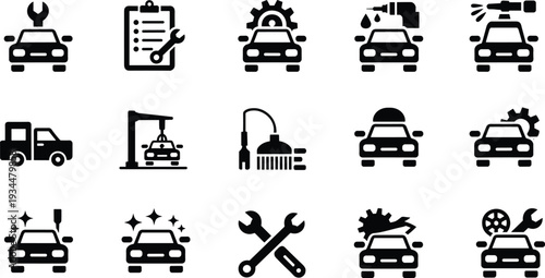 Black silhouette icon set of fifteen automotive repair and maintenance symbols, car service, oil change, washing, inspection, tools vector illustration