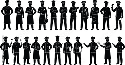 Set of Professional Chef Silhouettes Standing with Kitchen Utensils, Baker and Cook Icons for Restaurant, Catering, Menu and Culinary Design