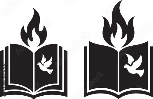 Black silhouette open bible with flame and dove book