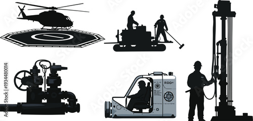 Industrial offshore oil and gas operations set featuring helicopter on landing pad drilling rig machinery and worker silhouettes isolated on white background