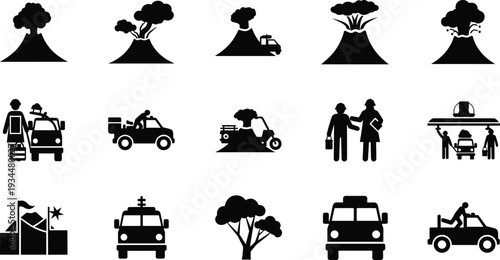 Volcano eruption and emergency evacuation icon set featuring volcanic smoke plumes rescue vehicles monitoring stations scientists and disaster response silhouettes on white