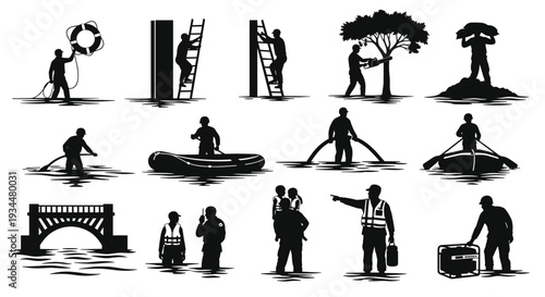 Emergency disaster relief and flood rescue silhouettes set featuring rescue boats lifebuoys workers climbing ladders and families being evacuated on white background