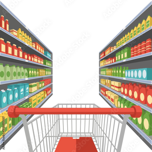 Supermarket aisle with shopping cart, grocery shopping, consumerism, retail, food products