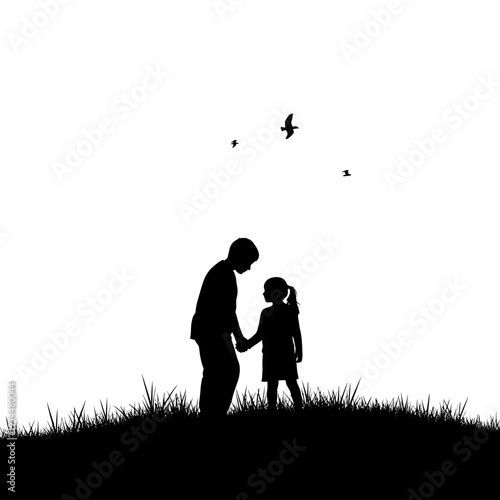 Brother and Sister Holding Hands Silhouette on Grassy Hill with Birds Flying