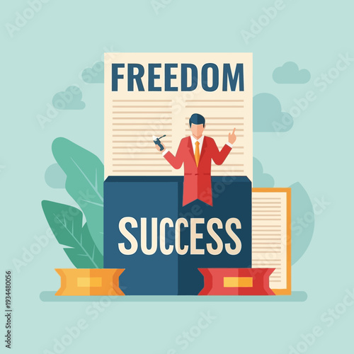 Businessman Celebrates Freedom and Success with Open Book and Plant