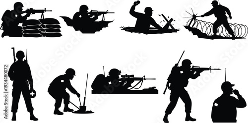 Military Soldier Silhouettes Collection in Tactical Combat Poses Featuring Medic Communications Trench Warfare Grenade Throwing and Armed Infantry Action for War Design