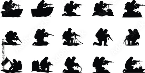 Military Soldier Silhouettes Set in Various Tactical Poses with Rifles Backpacks and Combat Gear for War Battle and Special Operations Design