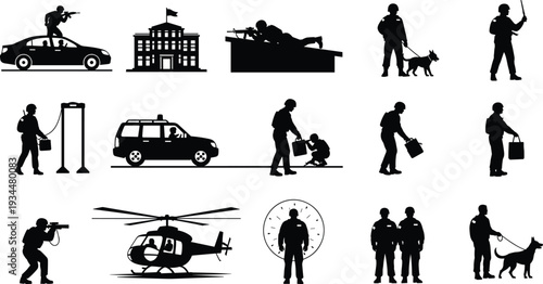 Security Forces and Military Silhouettes Set Featuring K9 Units Surveillance Helicopter Police Vehicles Tactical Guards and Homeland Defense Operations for Professional Design
