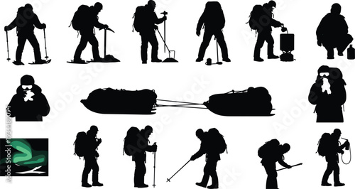 Arctic Expedition Silhouettes Set Featuring Winter Explorers with Snowshoes Sleds Backpacks Ice Tools and Survival Gear for Mountain Trekking and Polar Research