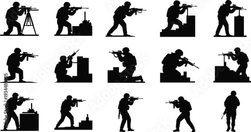 Collection of soldier silhouettes featuring military personnel in various tactical combat poses with rifles for army training and special forces missions