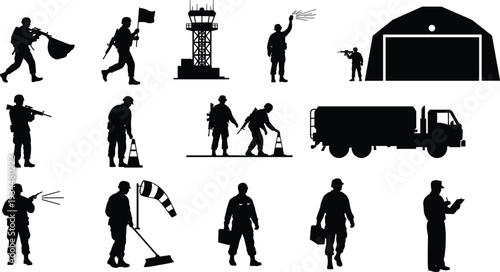 Silhouettes of military personnel performing airfield logistics including air traffic control hangar operations signaling and maintenance for army aviation base support