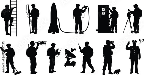 Military Silhouettes Set Featuring Soldiers with Drone Technology Rocket Launch Satellite Communication Surveillance Equipment Radar Professional Army Personnel and Officer Commands on White