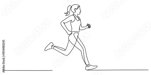 Minimalist continuous line drawing of a woman running