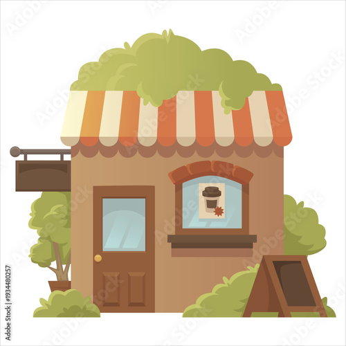 A small brown house with striped awning Vector