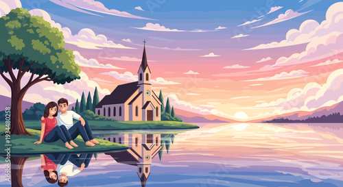 Couple sitting by water with church reflection.