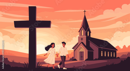 Couple walking towards church with cross silhouette.