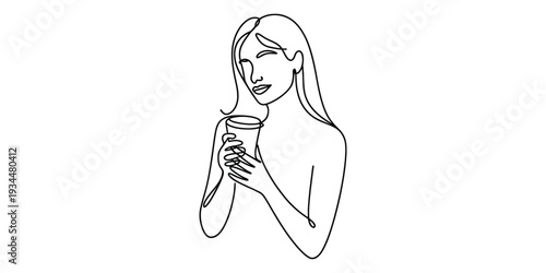 Minimalist one line drawing of elegant woman with coffee cup