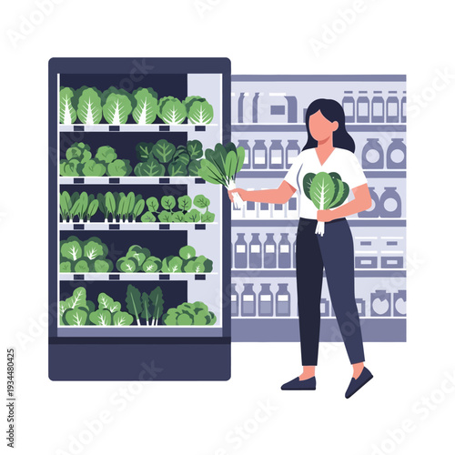 Woman choosing fresh green vegetables in a supermarket produce aisle