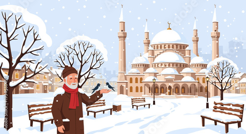 Elderly man in winter coat and scarf holding paper.