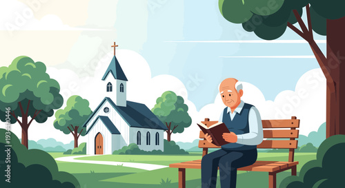 Elderly man reading a book on a park bench.